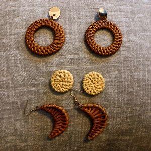 3 Pairs of Rattan Woven Bohemian Earrings Handmade